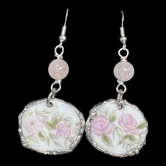 Broken China Floral Earrings W/ 925 Hooks & Silver Blend Bezel With Rose Quartz - Picture 3 of 14